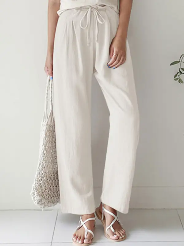 Casual Solid Color Straight Leg Elastic Waist Cotton Linen Pants - Oasisjoy.com 