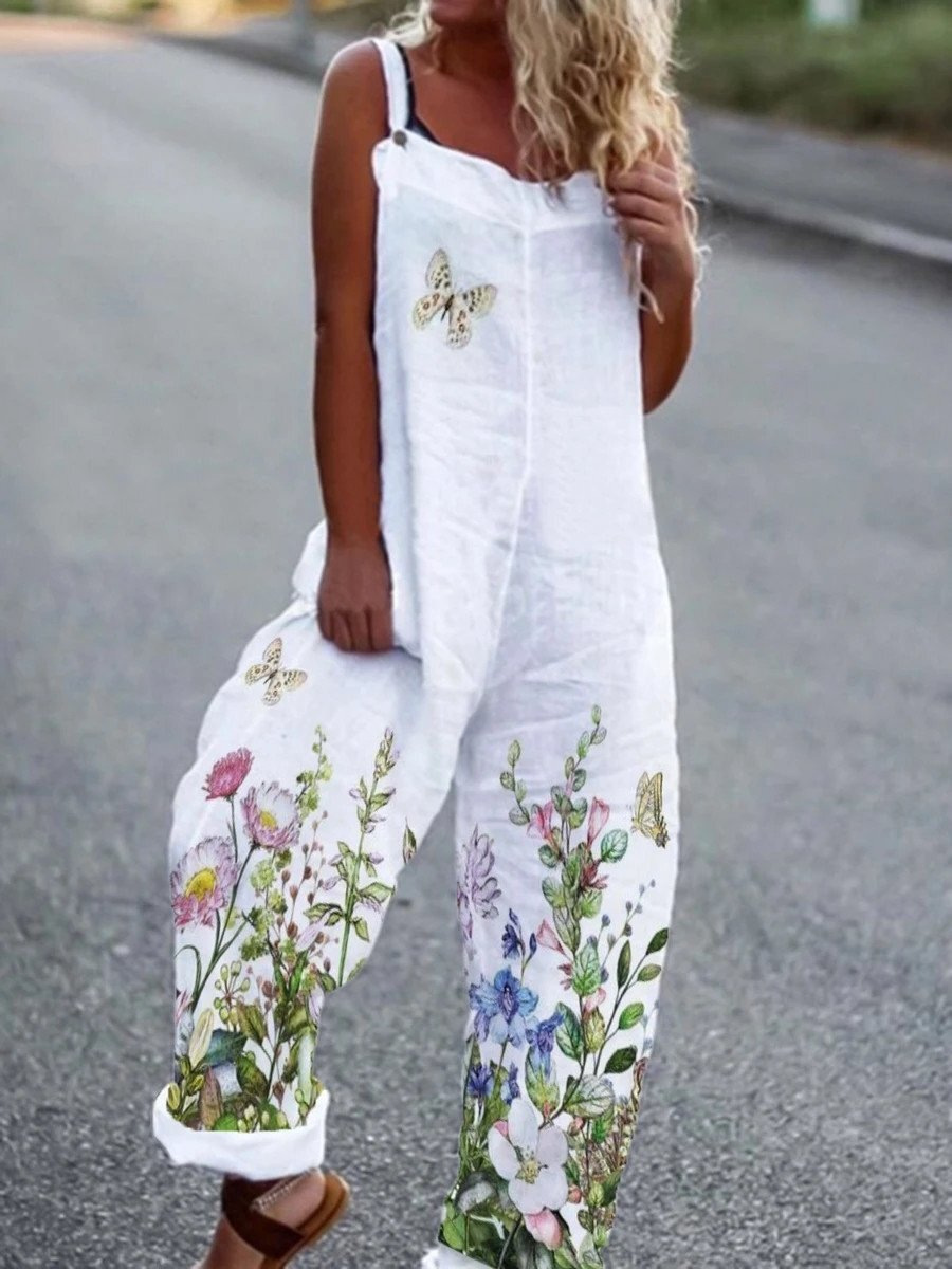 Cotton And Linen Floral Print Fashion Casual Jumpsuit