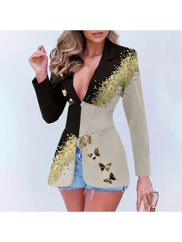 Elegant Sprinkled Gold Sequined Gold Butterfly Print Waist Suit - Funluc.com 