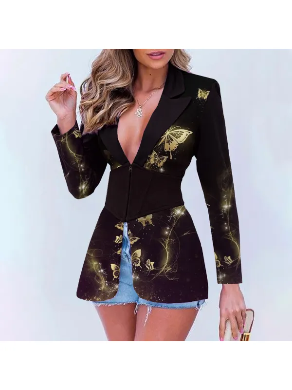 Women's Elegant Golden Butterfly Positioning Printing Waist Suit - Funluc.com 
