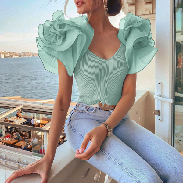 Fashion Ruffle V neck Top