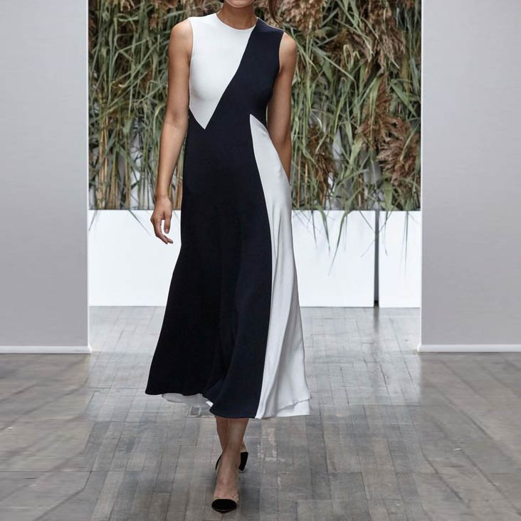 Ladies Elegant Black And White Color Matching Sleeveless Dress