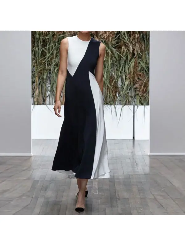 Ladies Elegant Black And White Color Matching Sleeveless Dress - Machoup.com 