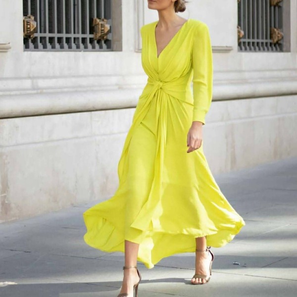 Fashion Solid Color V neck Dress