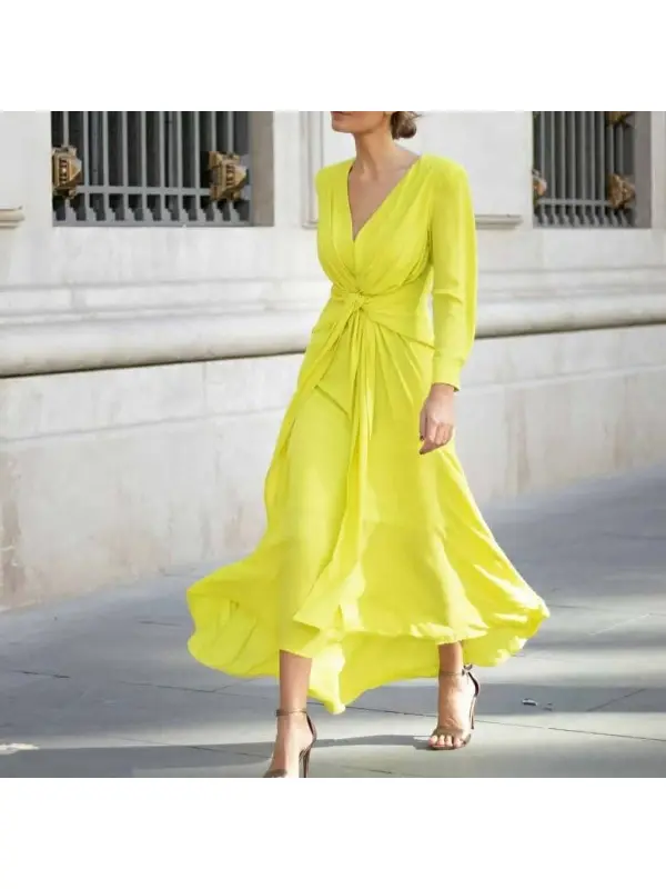 Fashion Solid Color V-neck Dress - Machoup.com 
