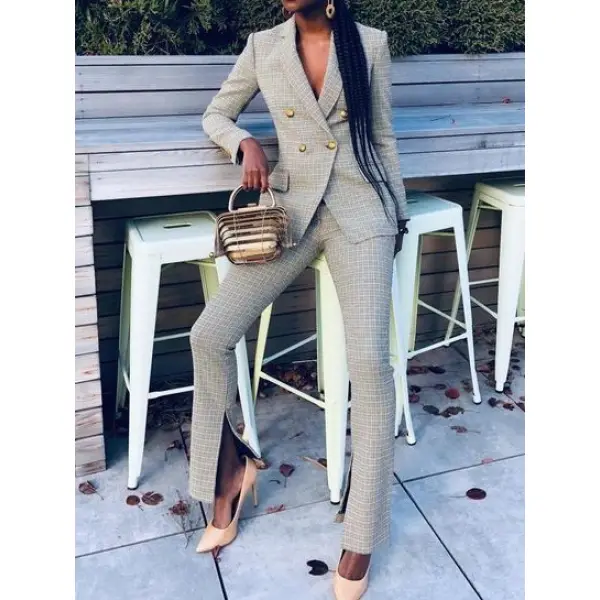 Ladies' Simple And Elegant Plaid Slit Suit - Seeklit.com 