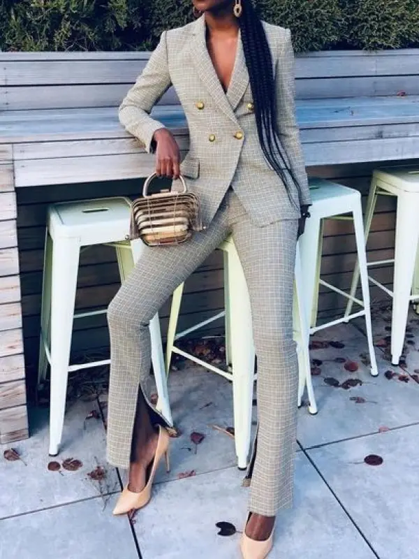 Ladies' Simple And Elegant Plaid Slit Suit - Funluc.com 
