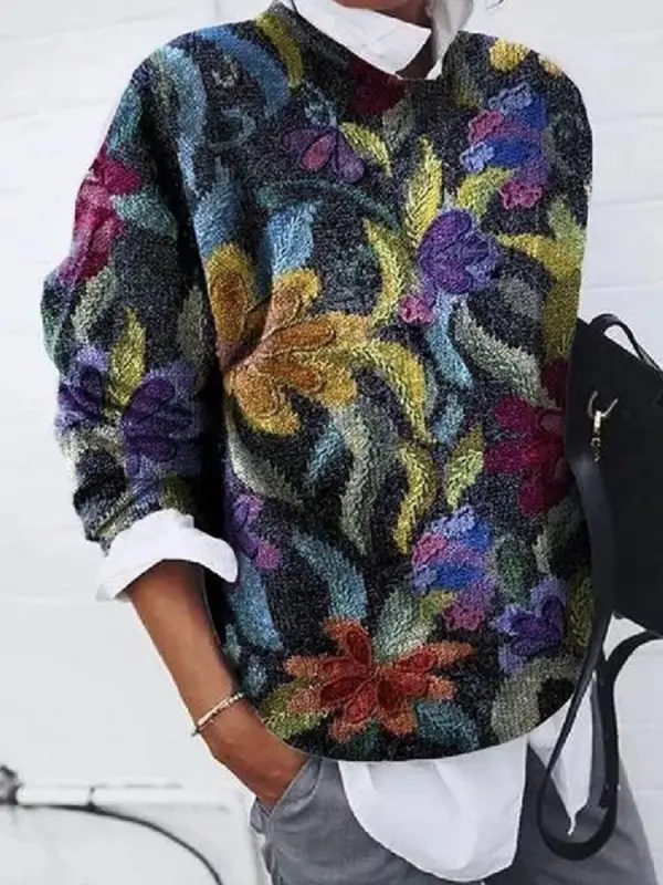 Casual Crew Neck Long Sleeve Loose Leaf Print Sweater Leisure Pullovers - Ininrubyclub.com 