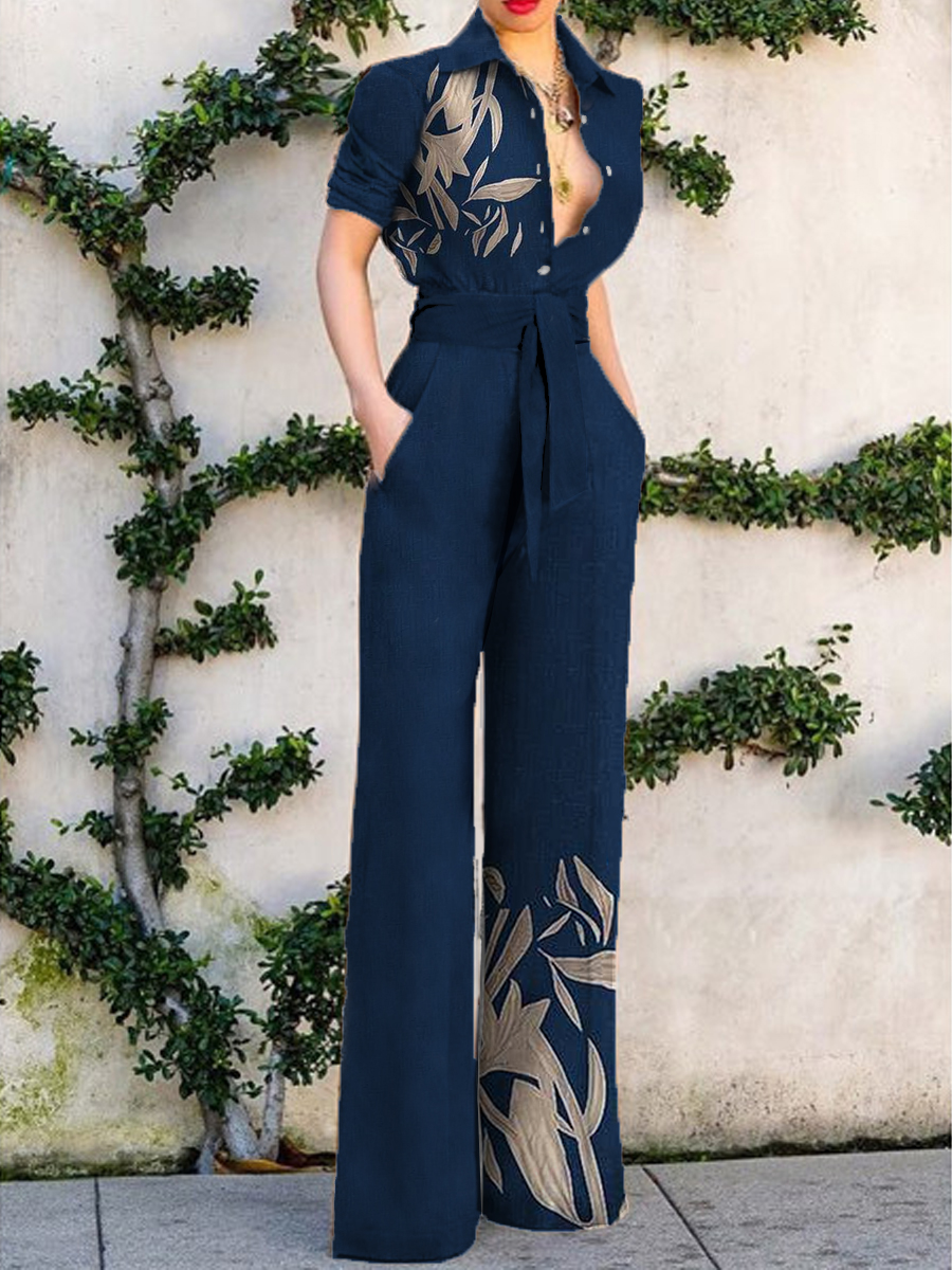 Fashion Color BlockLeaf Print Button up Jumpsuit Women