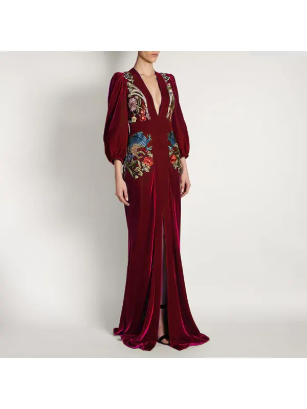 Elegant Deep V Emerald Green Embroidered Lantern Sleeve Evening Gown - Anystylish.com 
