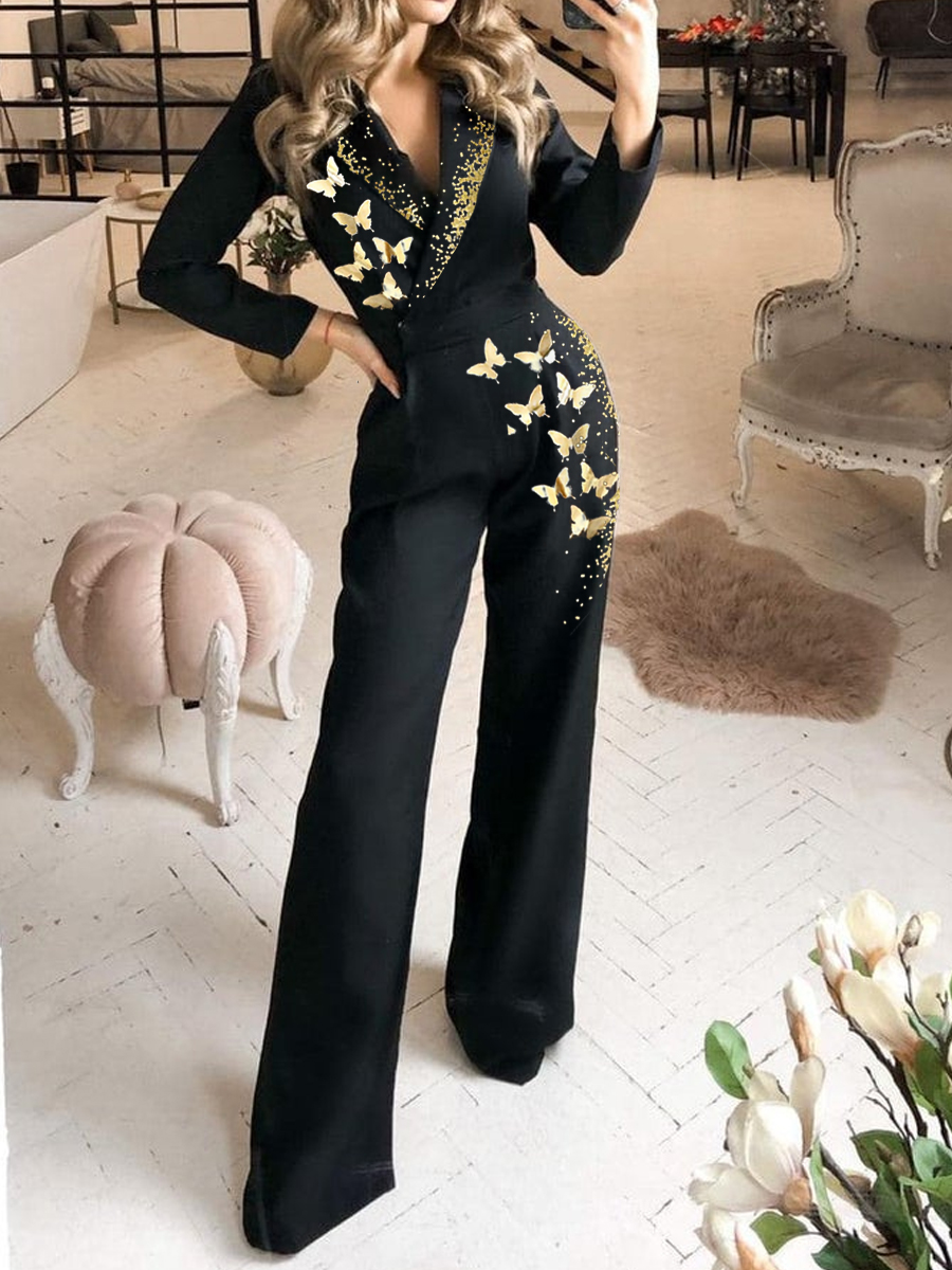 Fashion Butterfly Print V neck Jumpsuit Women