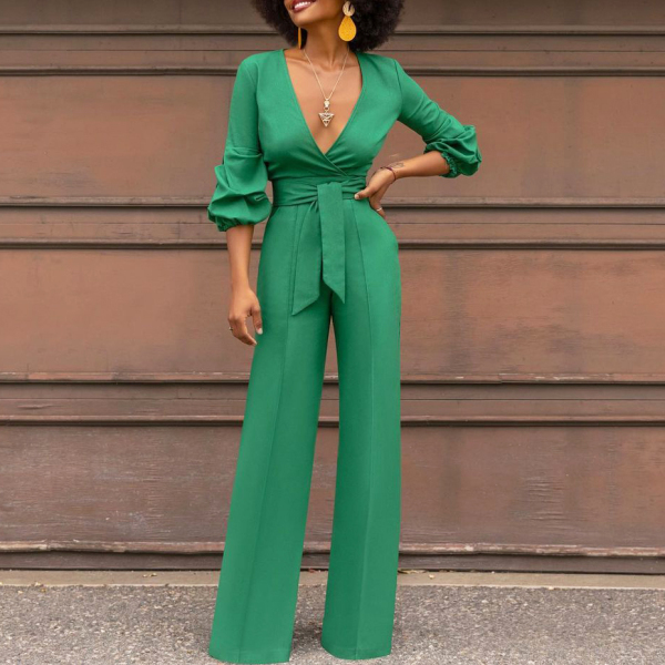Fashion Solid Color V neck Jumpsuit