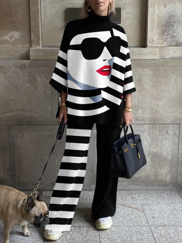 Women's Fashion Geometric Abstract Face Print Suit - Funluc.com 
