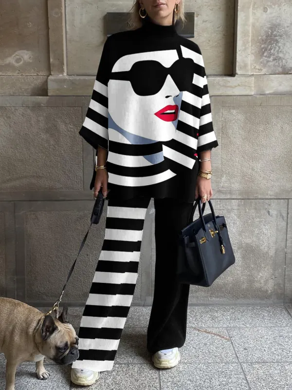 Women's Fashion Geometric Abstract Face Print Suit - Anystylish.com 