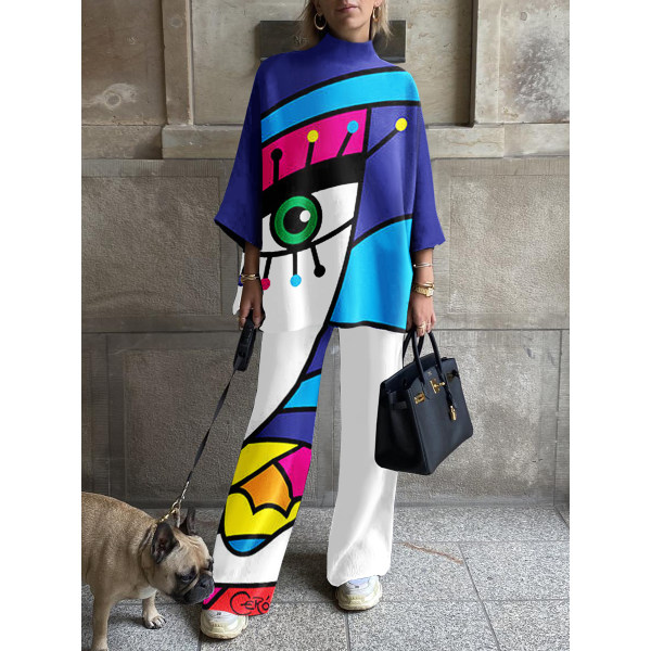 Women's Fashion Color Block Stitching Abstract Face Printing Suit Only AED152.60 - Anystylish.com 