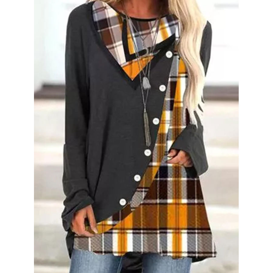 

Fashion Check Print Lapel Long Sleeve Casual T-shirt