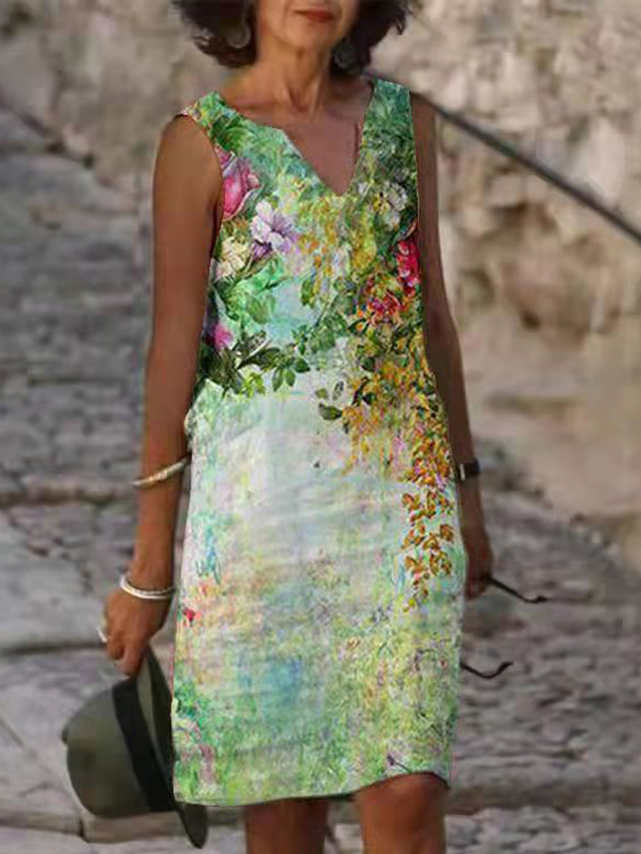 V neck Loose Casual Print Sleeveless Short Dress