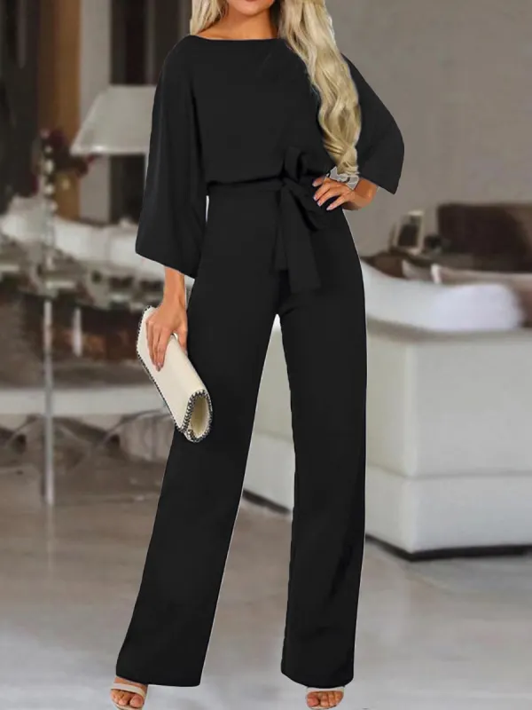 Solid Color Round Neck Long Sleeve Belted Jumpsuit - Funluc.com 