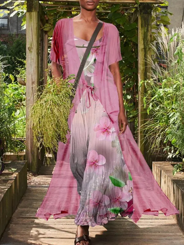 Casual Loose Floral Print Suit Short Sleeve Maxi Dress - Realyiyi.com 