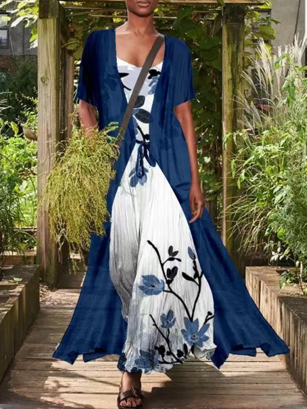 Casual Loose Floral Print Suit Short Sleeve Maxi Dress - Realyiyi.com 