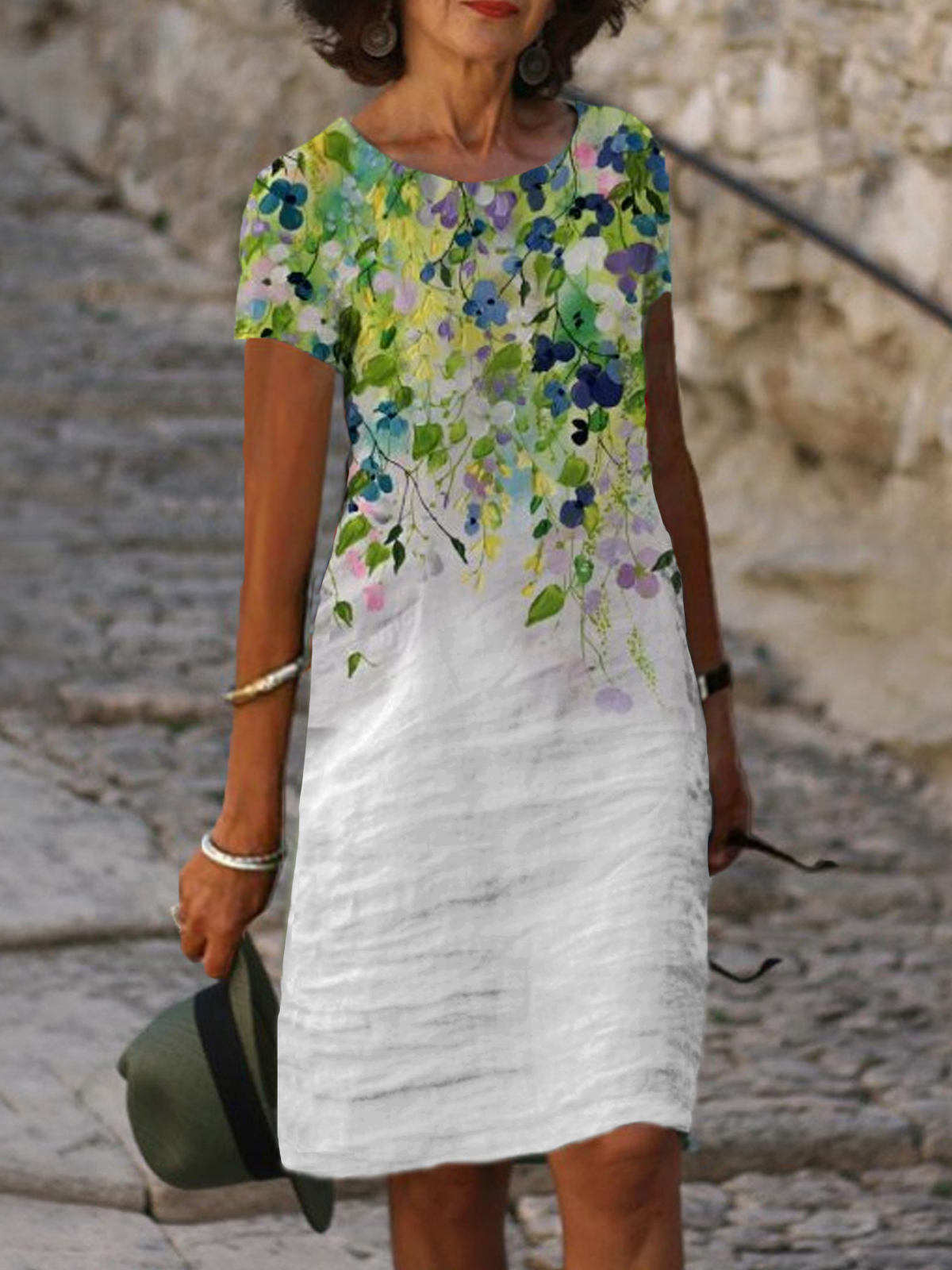 Floral Print Color Block V neck Slort Sleeve Midi Dress Women