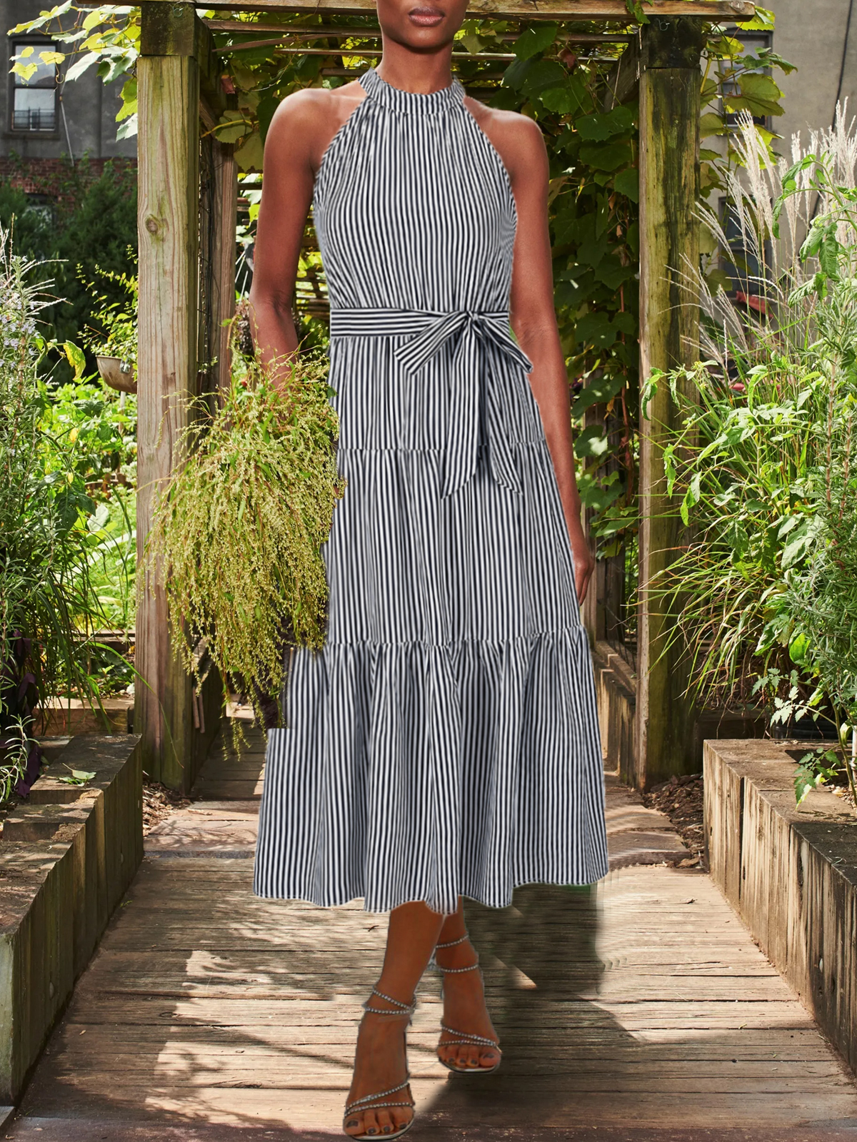 Stripe Print Halter Neck Sleeveless Tiered Maxi Dress
