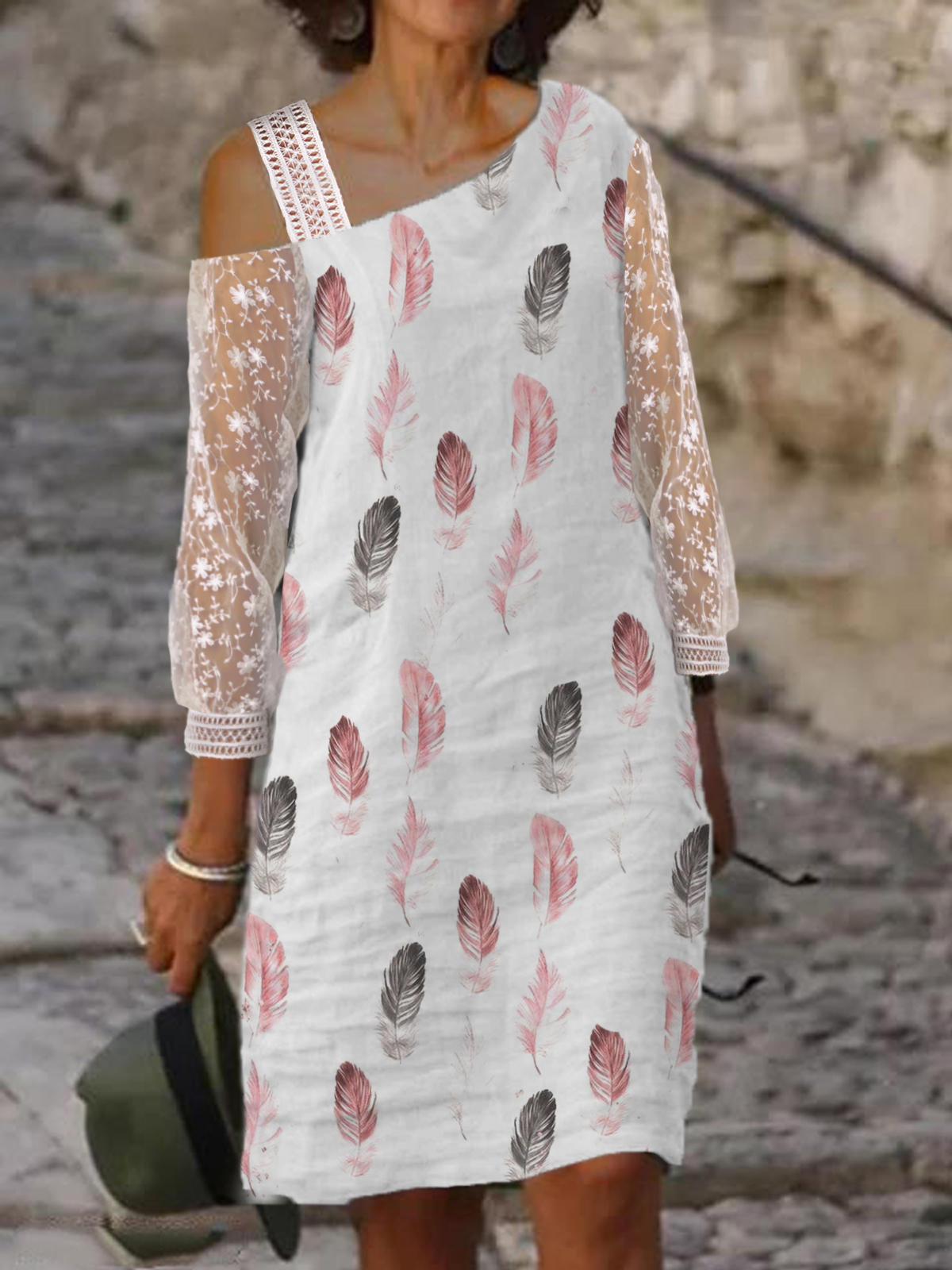 Art Print One Shoulder Lace Sleeve Midi Dress