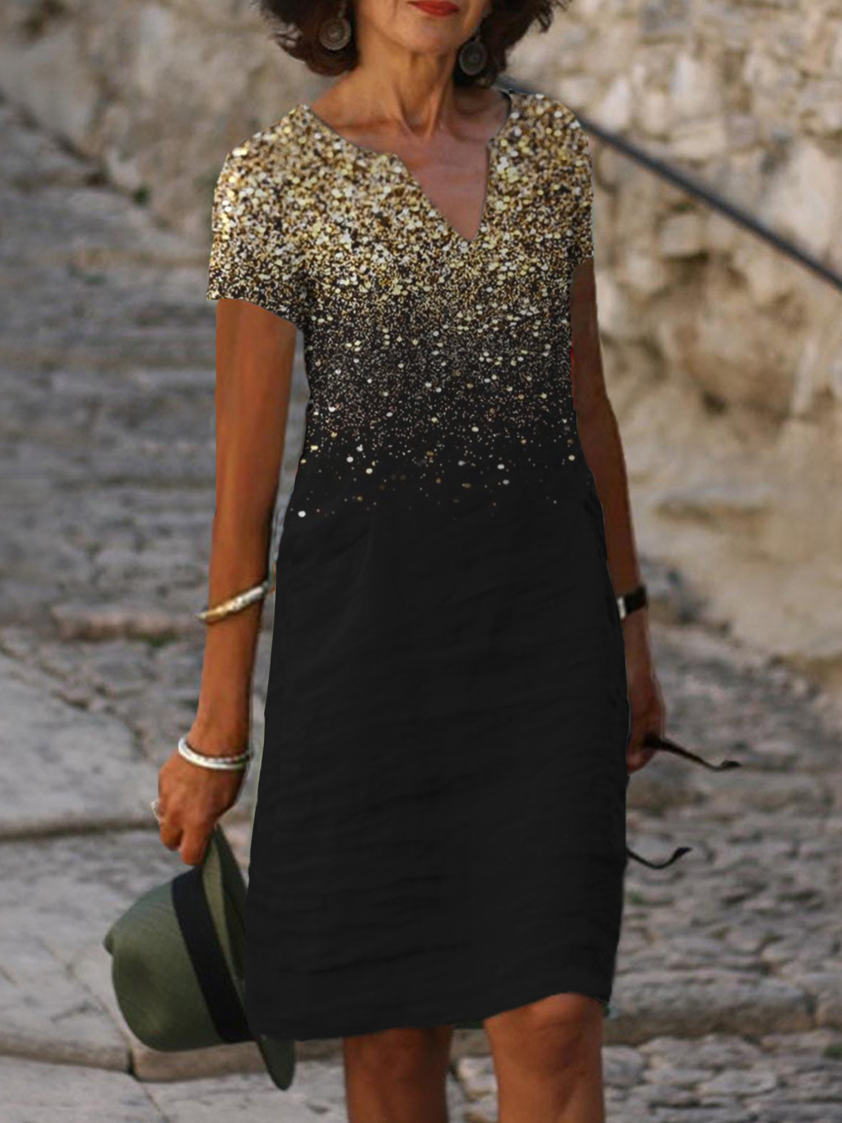 Spring Printing V neck Short sleeved Dress