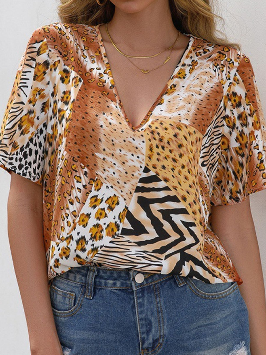 V neck Animal Print Short sleeved T shirt