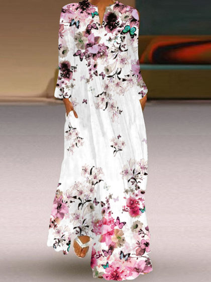 Floral Print Casual Long Sleeve Maxi Dress