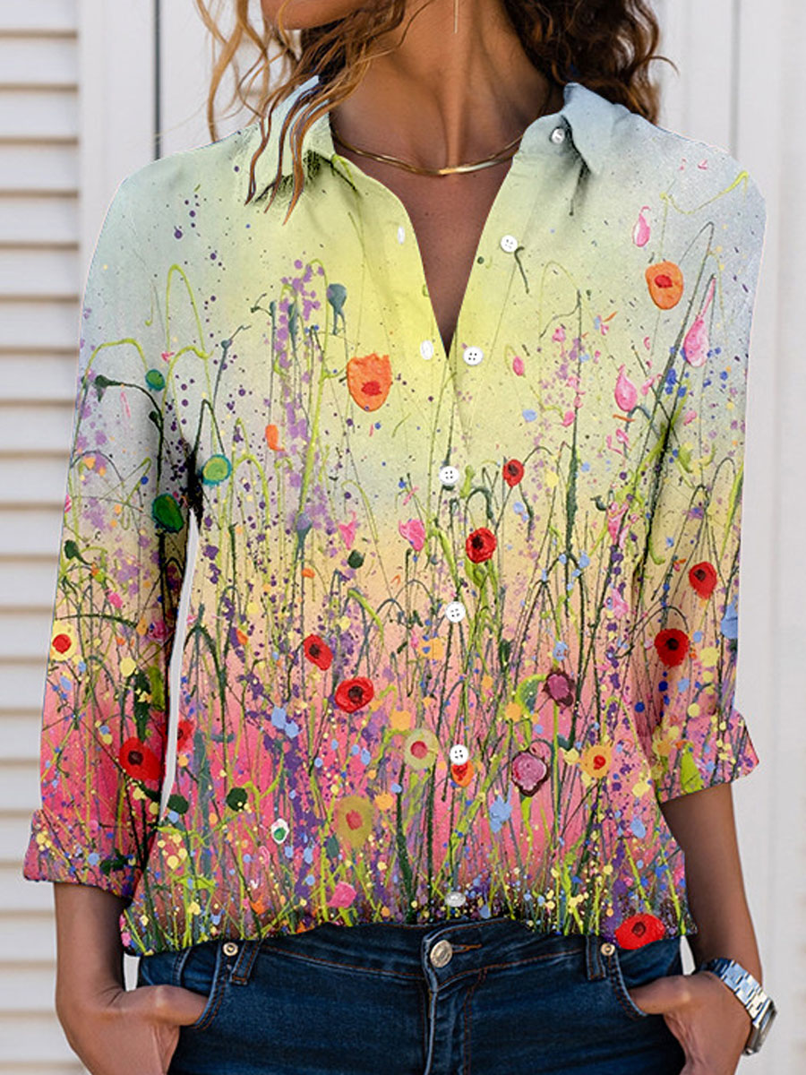 Printed Single Breasted Casual Long Sleeve Blouse