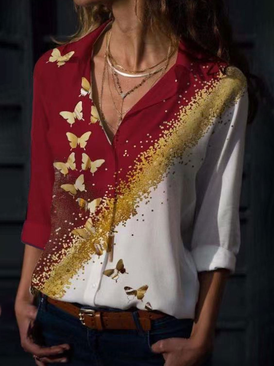 Butterfly Print Casual Lapel Shirt