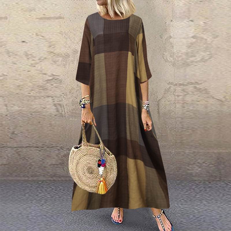 Retro Casual Long Sleeve Plaid Print Dress