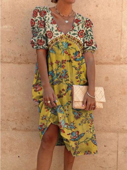 Ladies Printed V-neck High Waist Shift Dress