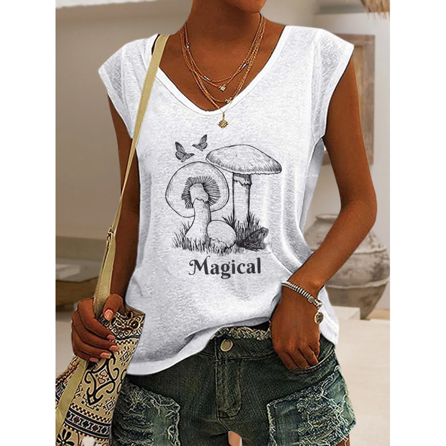

Ladies V-neck Cotton Mushroom Print Sleeveless T-shirt