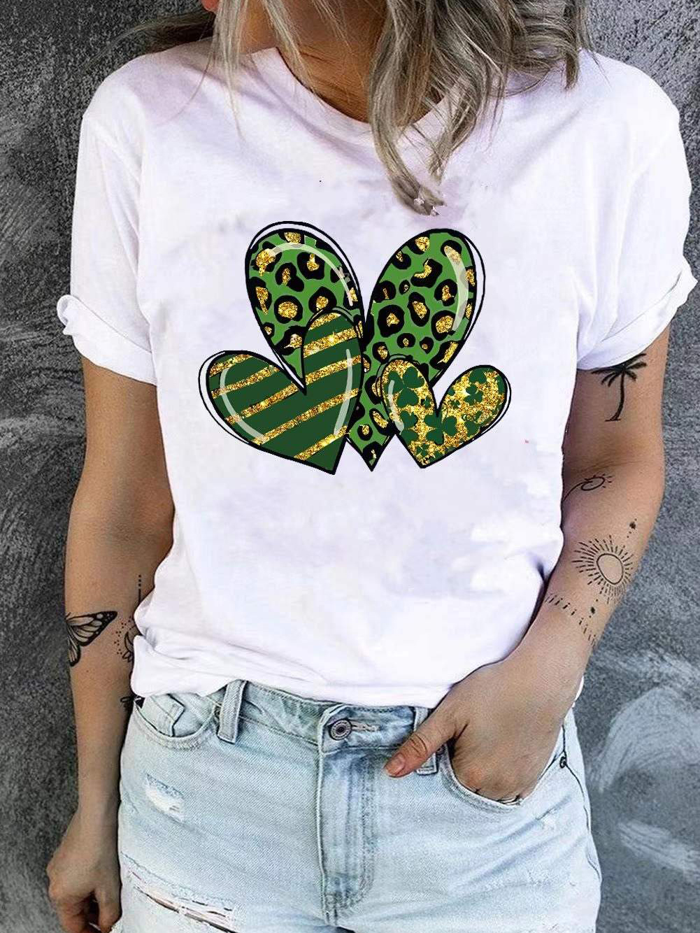 St. Patrick's Day White Leopard Heart Casual Short Sleeve T Shirt