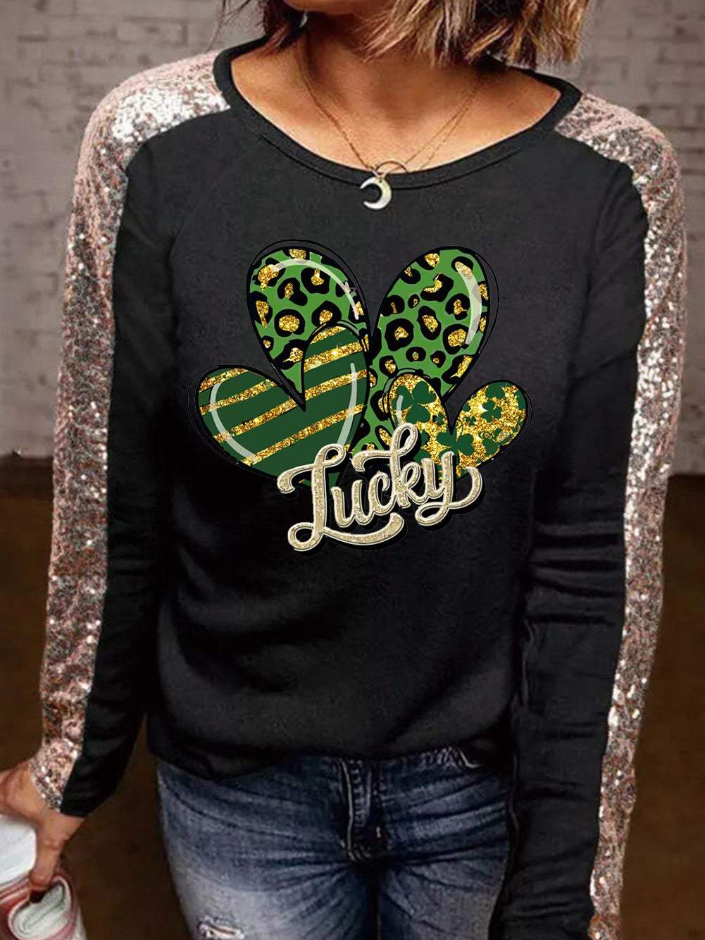 Black Leopard Casual Love Letter Printing Long Sleeve T shirt