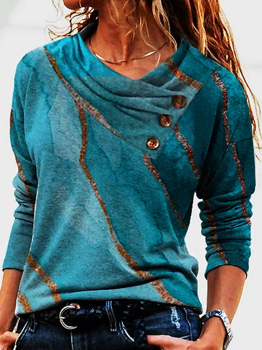 V neck Vintage Print Casual Long Sleeve T shirt