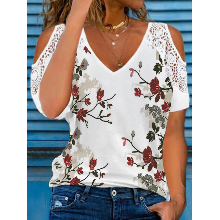 

Casual Floral Print V-Neck Off-The-Shoulder Short-Sleeve T-Shirt