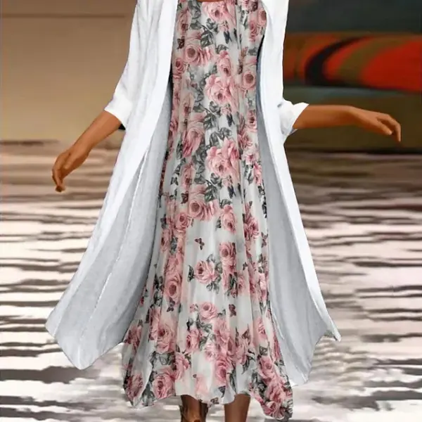 Round Neck Loose Casual Floral Print Loose Casual Suit Maxi Dress - Kalesafe.com 