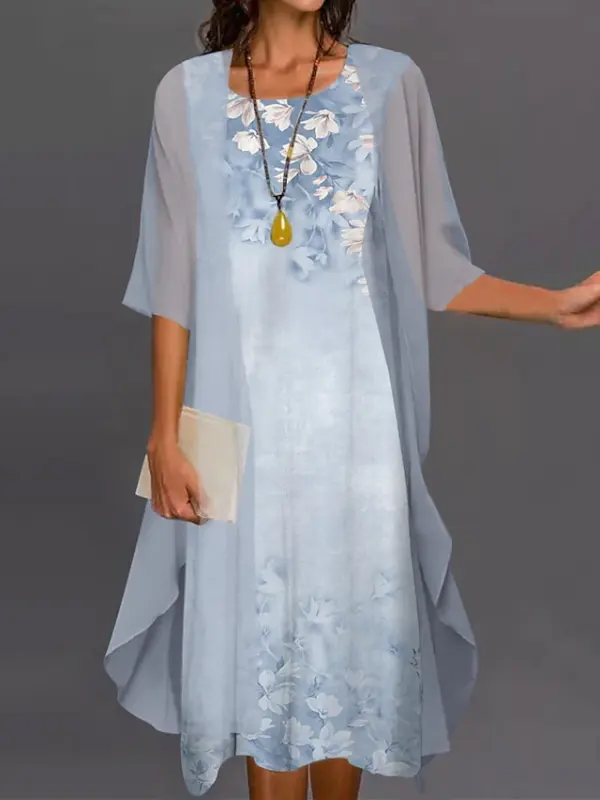 Round Neck Loose Casual Floral Print Loose Casual Suit Midi Dress - Ininrubyclub.com 