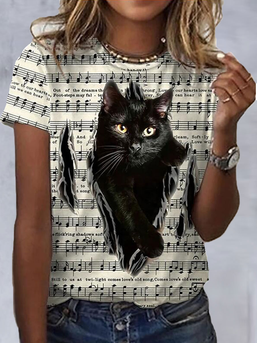Round Neck Cat Print Loose Casual Short Sleeve T shirt