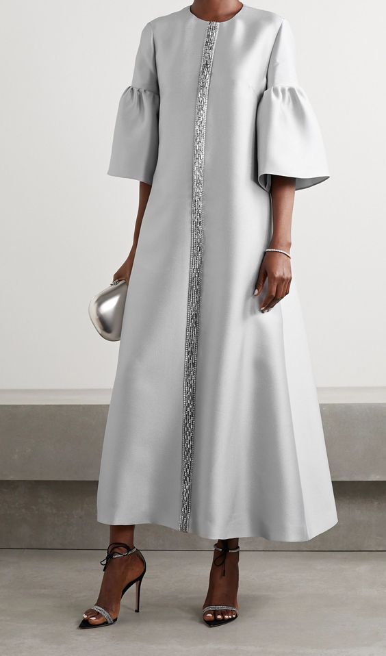 Women's Elegant Silver Grey Silk Satin Rhinestone Evening Dress