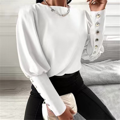 Loose Casual Light Button Cage Sleeves Solid Color Crew Neck Shirt