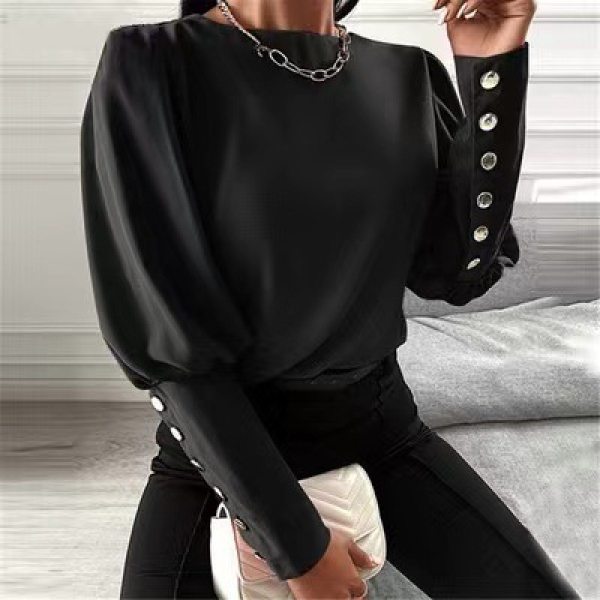 Loose Casual Light Button Cage Sleeves Solid Color Crew Neck Shirt - Charmslady.com 