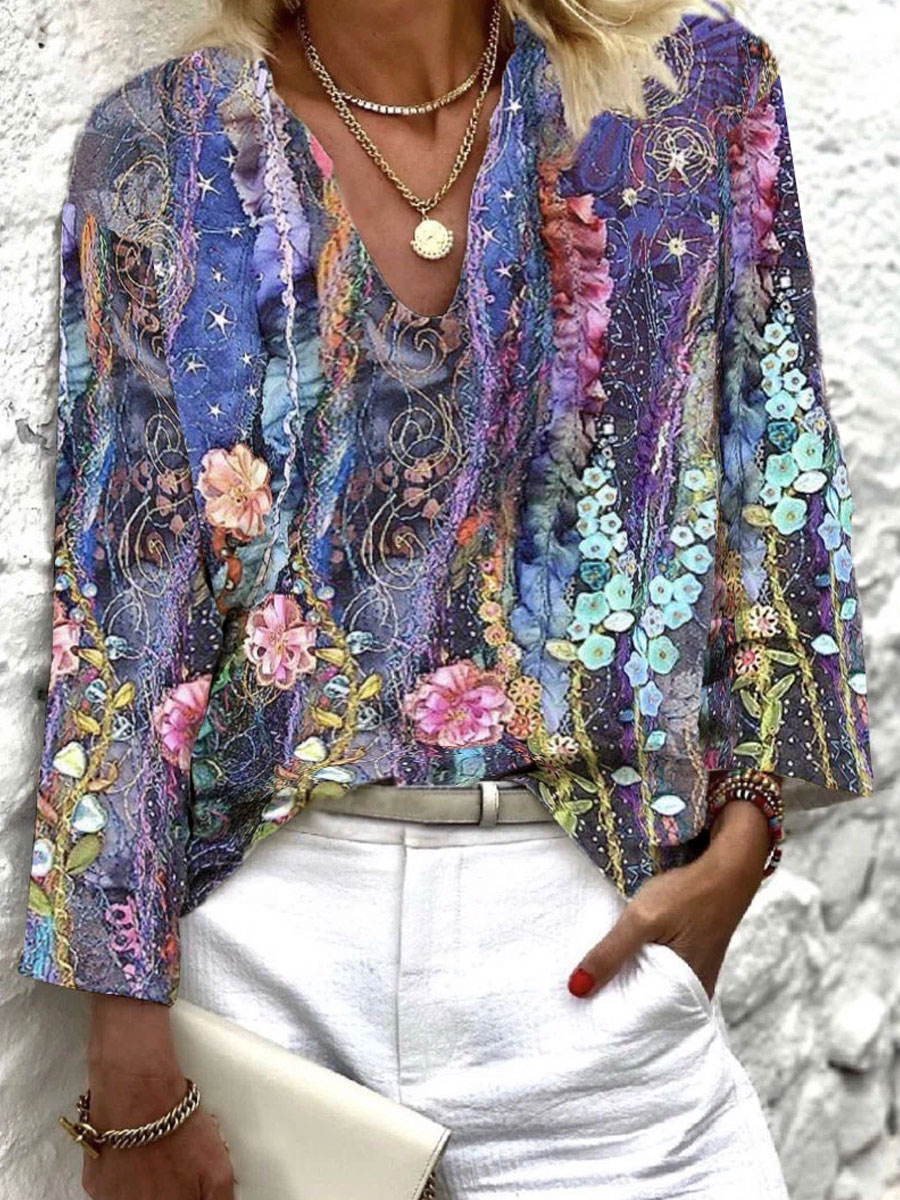 V neck Floral Print Casual Loose Long Sleeve Blouse