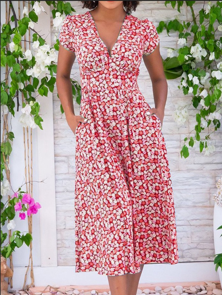 Women's Printed Pocket Boho V Neck Dress