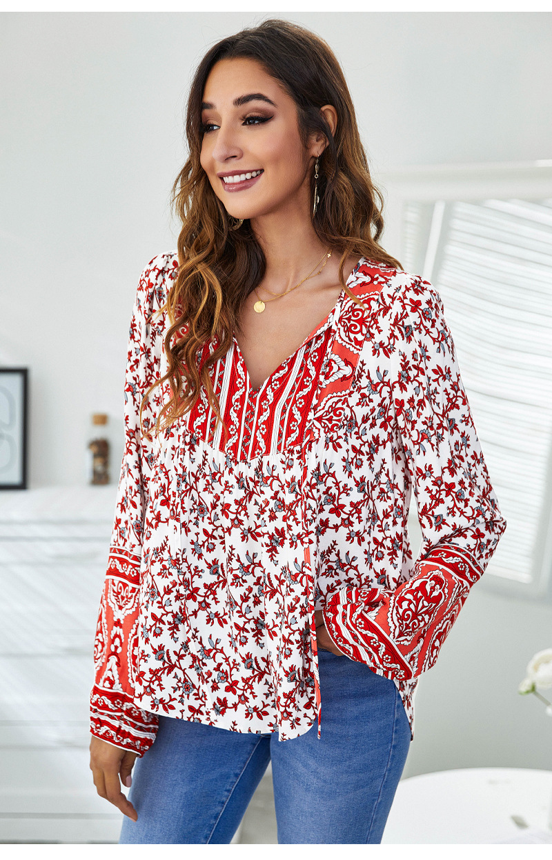 V Neck Print Loose Lantern Long Sleeve Top