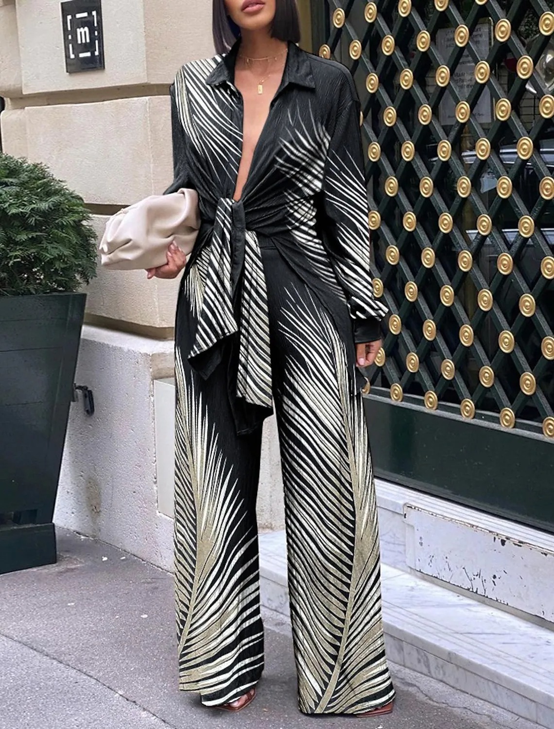 Women Fashion Elegant Leave Print Evening Jumpsuit