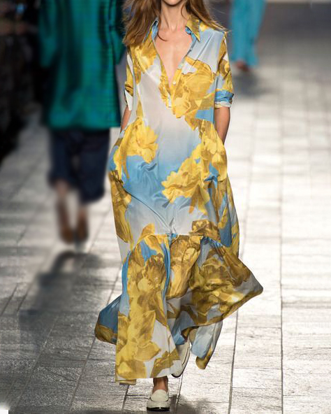 Lapel Long Sleeve Loose Print Dress